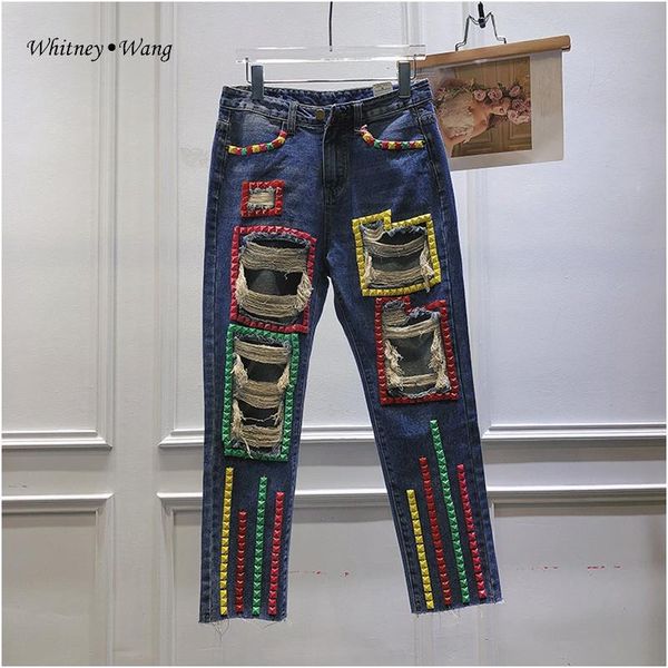 

jeans whitney wang 2022 spring summer fashion streetwear colorful crystals beading ripped jeans women denim pants, Blue