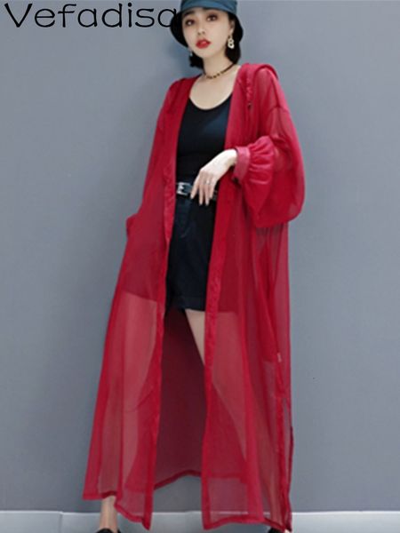 

women's jackets vefadisa 2023 summer hooded cardigan trench coat loose midlength solid color leisure mesh sunscreen lhx4024 230418, Black;brown