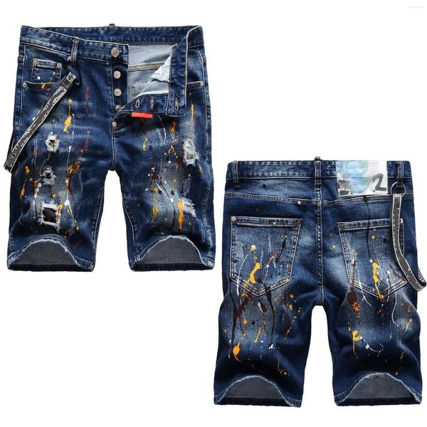 

men's shorts light luxury mens slim-fit hole ripped denim strap decors trendy color ink splash casual street jeans, White;black