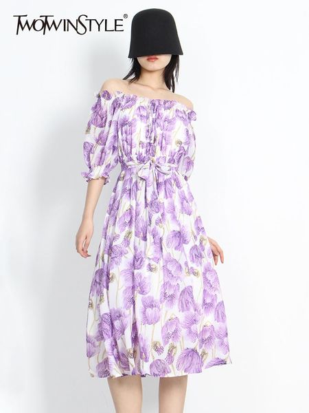 

dresses twotwinstyle korean casual print dress for women slash neck short sleeve lace up midi dresses female 2022 spring fashion clothes, Black;gray