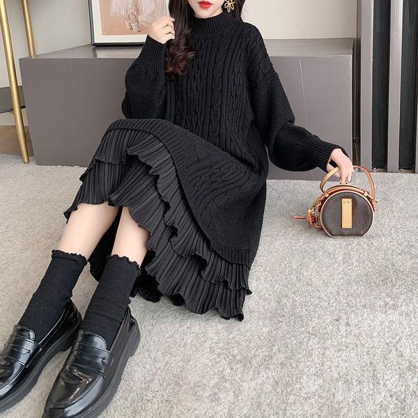 

dresses autumn winter ladies long sleeve sweater ruffle dress midlength 2021 new style women's knitted base dress loose jumper m771, Black;gray