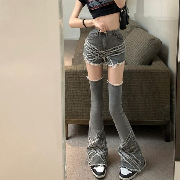

jeans gray raw fringed jeans design thin section detachable denim pants women's spring new highwaisted slim straightleg pants slim, Blue