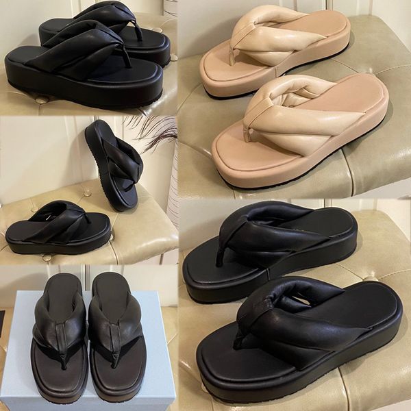 

new womens thong sandals desert beige slippers sandals upper with brand signature logo beach sandals slipper platform sandals padded nappas, Black