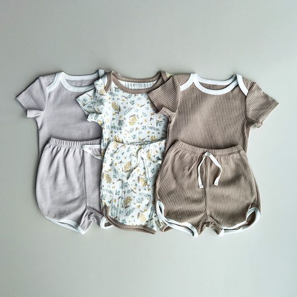 

clothing sets summer baby kids romper sets short sleeve flower printed bodysuit and pants 2pcs boys and girls clothing 230418, White