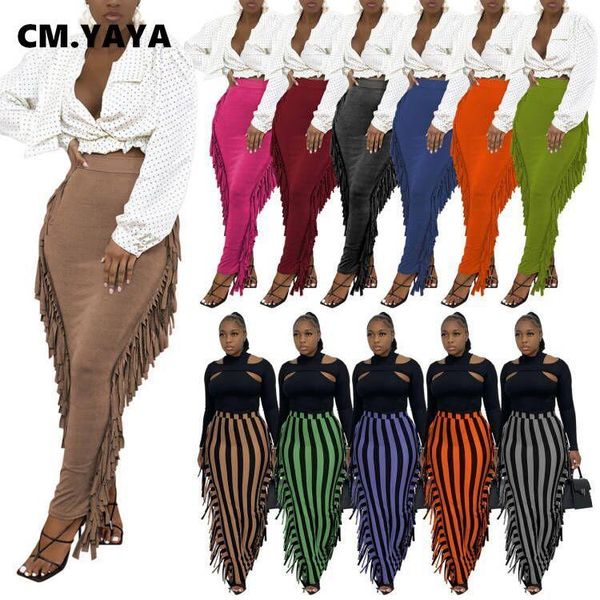 

dresses cm.yaya women stripe high waist tassel side bodycon midi maxi skirts elegant basic female pencil long skirt, White;black