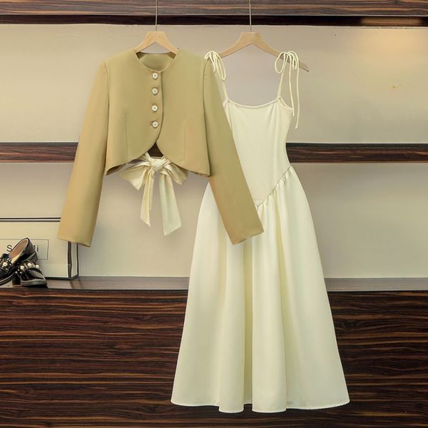 

two piece dres dress sets chic elegant office lady outfits 2 long sleeves crop blazer spaghetti strapless camisole suits ins 230418, White