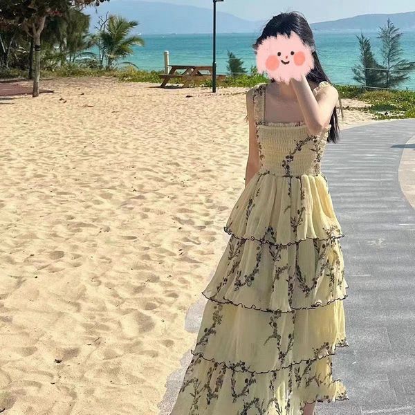 

casual dresses designer women's dress summer sleeveless sling french fairy floral ruffles in the long cake dress gania beach skirt, Black;gray