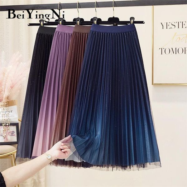 

dresses beiyingni 2022 stylish gradient pleated skirt women elegant casual high waist aline long midi skirts sequins korean tulle falda, White;black
