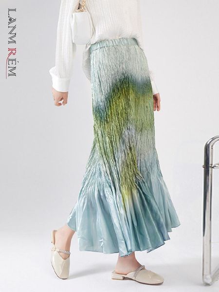 

dresses lanmrem long pleated skirt for women 2022 summer new high waist gradient fishtail printing vintage loose skirts wholesale 2r2155, White;black