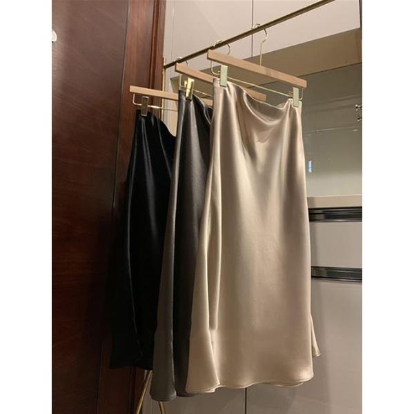 

skirts elegant satin heavyweight acetate silk high waist bag hip a-line mid-length skirts women 230418, Black
