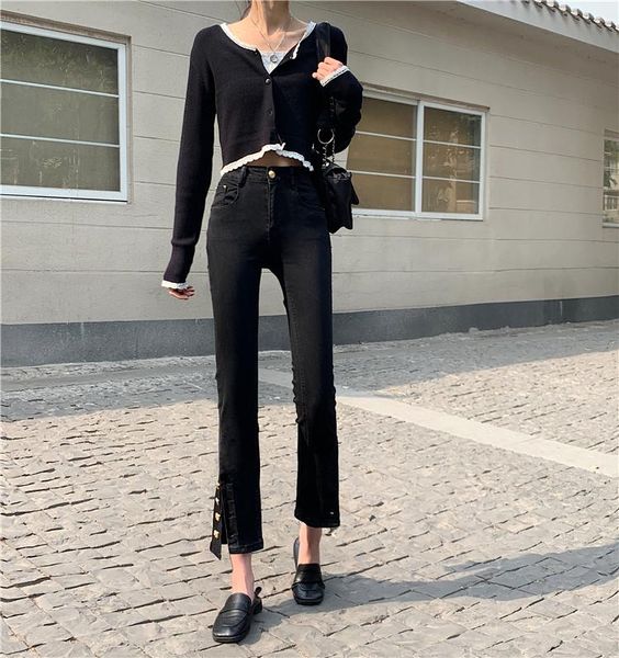 

jeans n0407 the new highwaisted slim design sense of irregular slit cropped straightleg jeans, Blue
