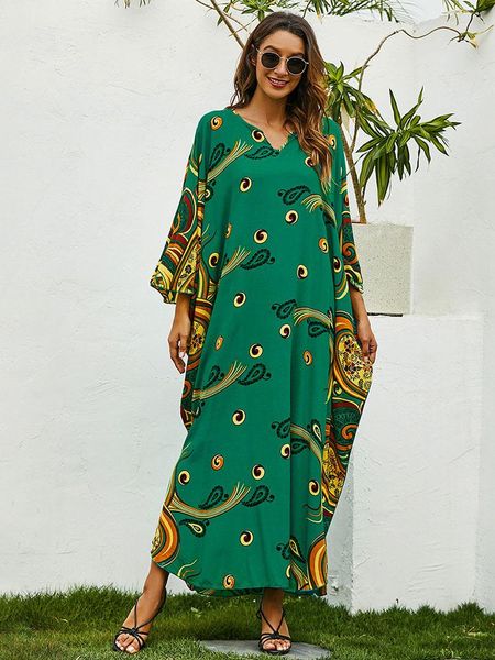 

dresses boho print dress kaftan tunic middle east 2022 summer plus size half sleeve women casual beachwear kaftan sarongs robe a1401, Black;gray