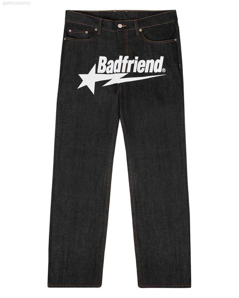 

mens jeans y2k hip hop badfriend letter printing baggy black pants 2023 harajuku fashion punk rock wide foot trousers streetwear 230329qbmj, Blue