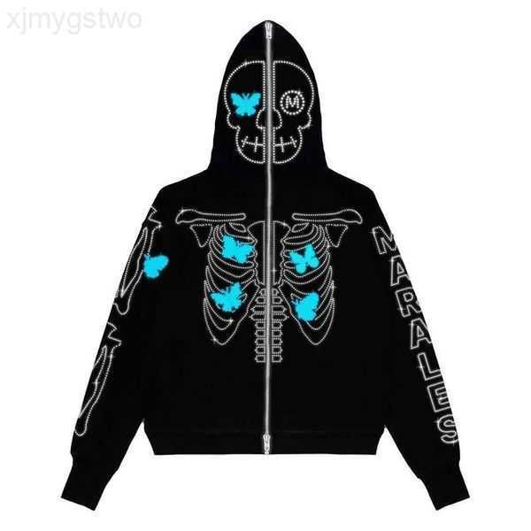 

men's hoodies y2k full zip up hoodie men autumn winter gothic rhinestones web sweatshirt hip hop grunge skeleton oversized jacket 99j6k, Black