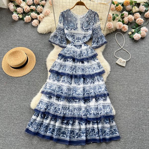 

european and american ins style dress french retro palace style dress fashionable printed speaker short sleeved cake swing long dress, Black;gray