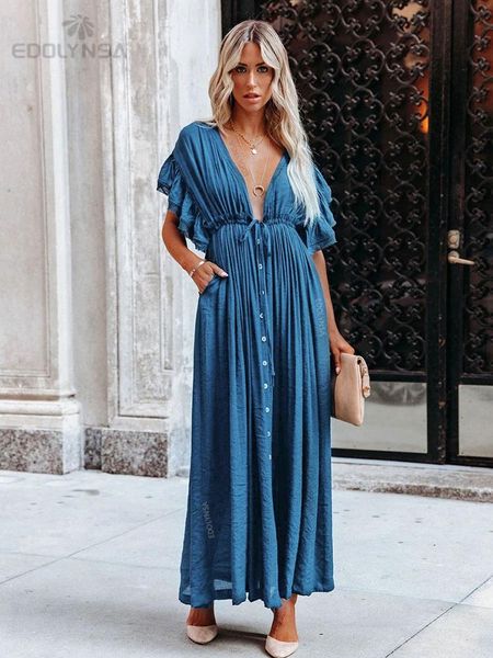 

dresses deep vneck butterfly sleeve self belted high waist button front open summer beach dress whitetunic women beachwear q1208, Black;gray