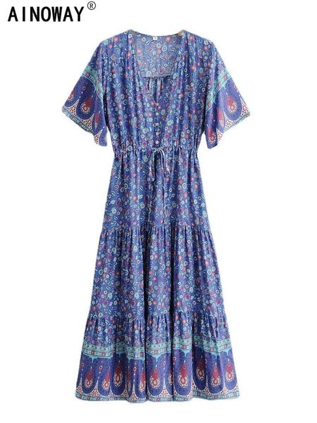 

dresses vintage chic women floral print beach bohemian maxi dresses ladies button v neck summer boho dress robe vestidos, Black;gray