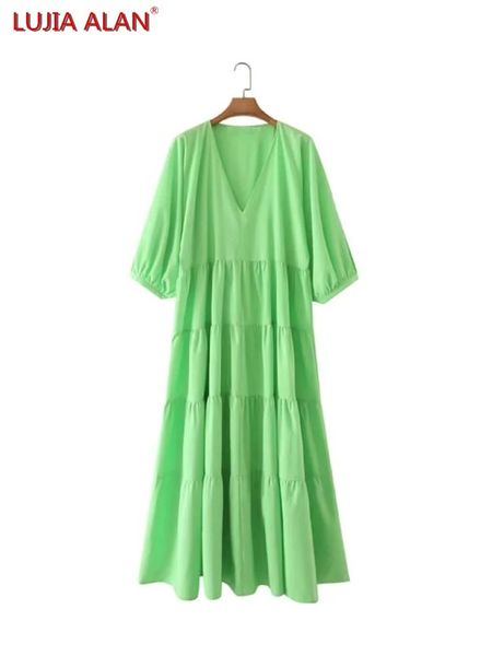 

dresses women grass green v neck tiered ruffle dress summer female lantern sleeve midi vestidos lujia alan d9383, Black;gray