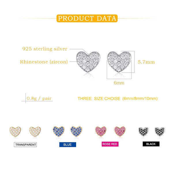 

925 sterling silver women's hearts stud earrings with cubic zirconia korea fashion jewelry for girls small cute shiny ear rings earring, Golden;silver