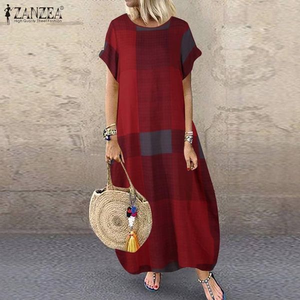 

dresses fashion summer check maxi dress zanzea 2022 women's baggy sundress casual short sleeve vestidos female plaid robe, Black;gray