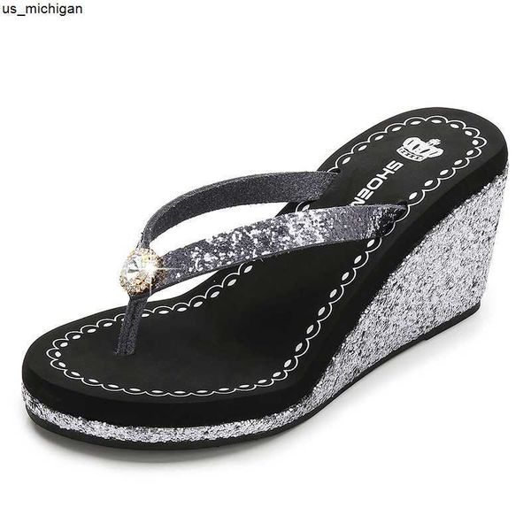 

slippers 2022 new summer sequined rhinestone ladies high heel flip flops thick bottom beac women's luxury sandals wedge outside j230417, Black