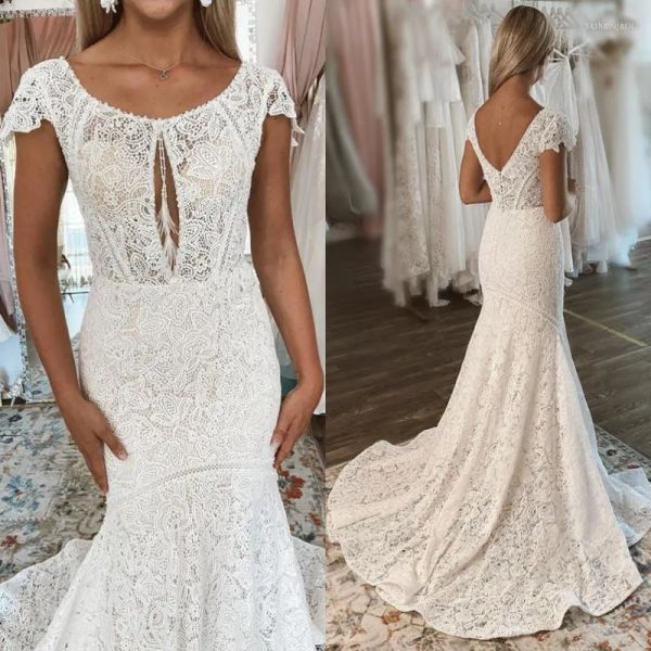 

2023 boho lace wedding dresses bridal gown mermaid cap sleeves ruffles sweep train plunging v custom made country plus size vestido de novia, White