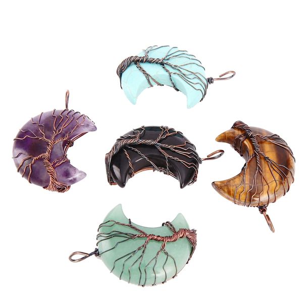 

hand-woven tree of life moon shape crystal pendant natural stone diy bronze necklace jewelry retro men's women's pendant necklace, Silver