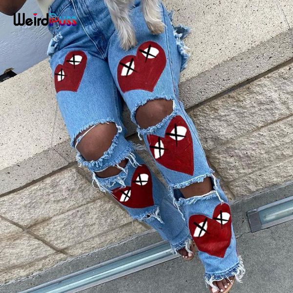 

capris weird puss ripped women high waist jeans hole heart irregular denim trousers summer streetwear casual wild straight pants 2021, Black;white