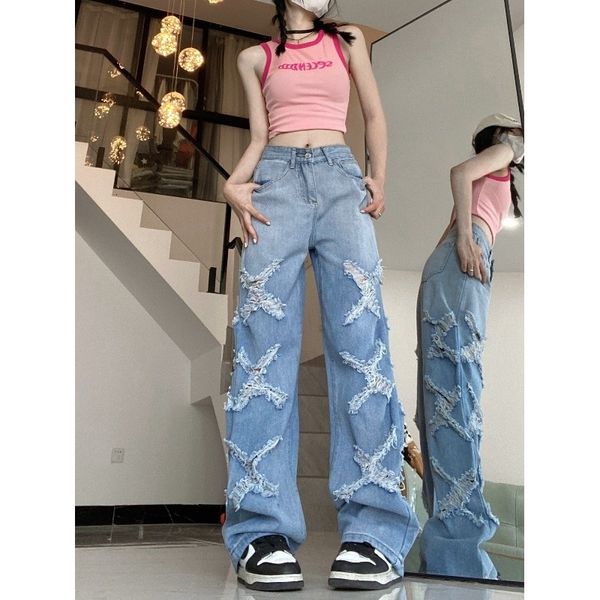 

women's jeans american vibe high waist jean's retro washed ripped ins loose straight wide leg pants streetwear casual denim trouse, Blue