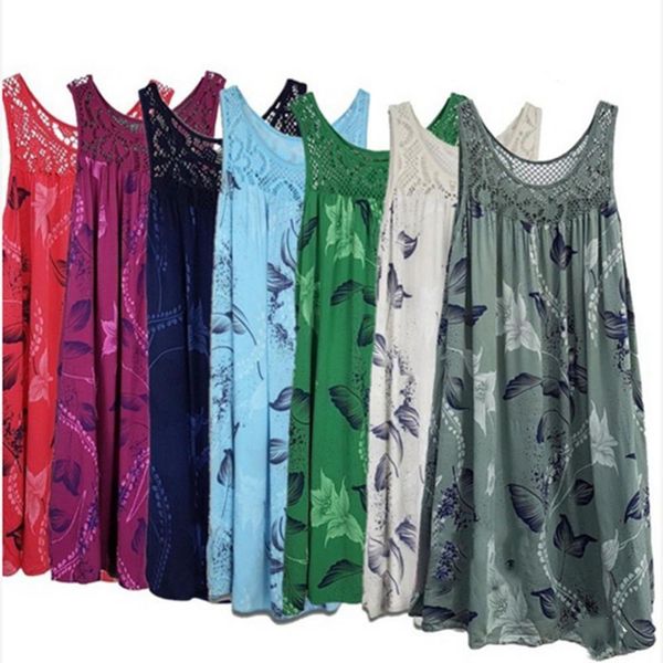 

casual dresses elegant floral printed lace stitching o-neck sleeveless women summer loose tank dress 230418, Black;gray