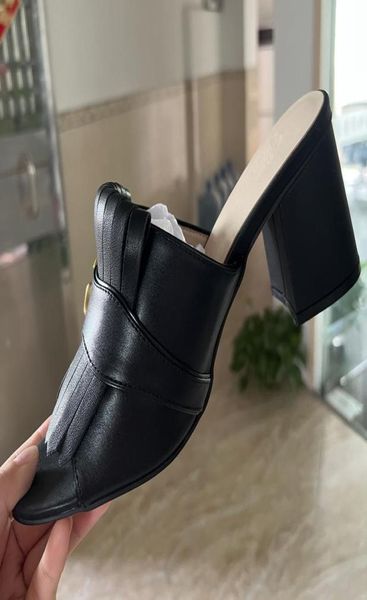 

slippers tassel fringe slipper shoe metal buckle decor peep toe slides chunky squared heel comfortable leisure summer mules shoesl8512824, Black