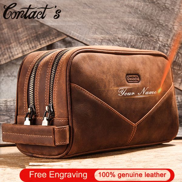 

cosmetic bags cases crazy horse genuine leather travel makeup bag men's vintage leather cosmetic cases luxury brand washing storage toi