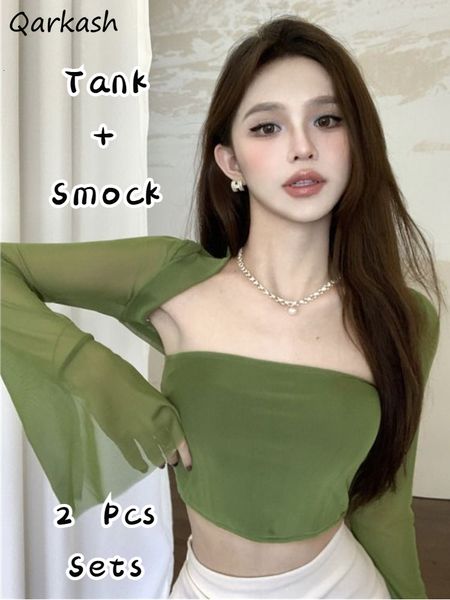 

two piece dress green 2 pcs set mesh long sleeve smock blouses tanks slim summer crop solid korean style outfits casual retro 230418, White