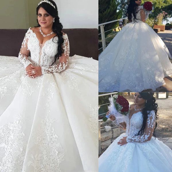 

2023 long sleeves wedding dresses bridal ball gown lace applique sweep train tulle off the shoulder straps custom made plus size vestidos de, White