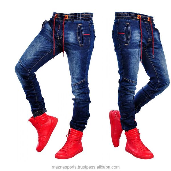 

men's scratched stretchy ripped skinny biker jeans slim fit denim pants mens elastic waist harem jogger pants, Blue