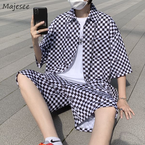 

men's tracksuits sets men plaid summer shirts knee length shorts thin teens fashion student daily pockets leisure breathable handsome 2, Gray