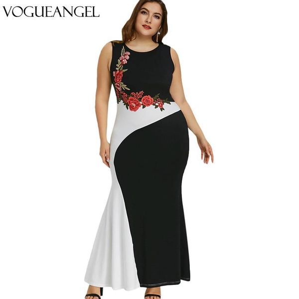 

dresses plus size embroidery roses mermaid patchwork 5xl dress maxi black tank v neck long elegant party female dress evening wear