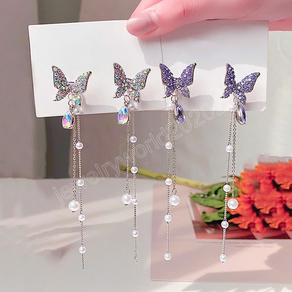 

trend long pearl chain tassel purple ab color butterfly dangle earrings for women rhinestone wedding hanging earrings jewelry, Silver