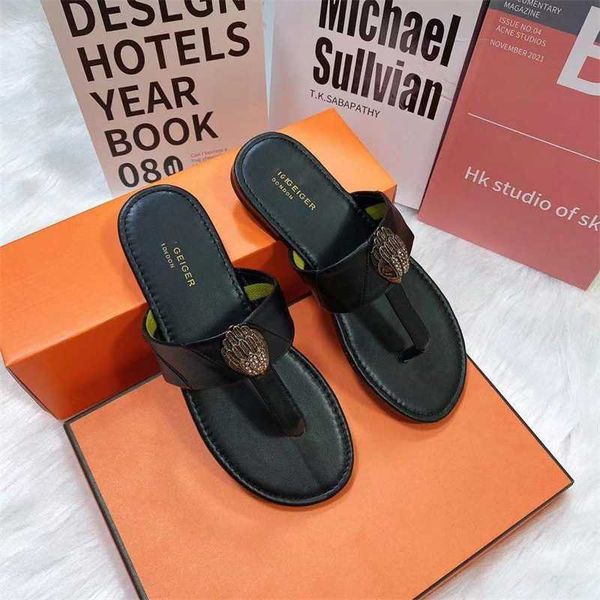 

2023 fashion flip flops lady sandals eagle head hardware buckle herringbone slippers without box, Black