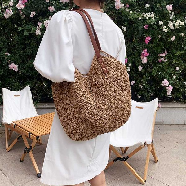 

evening bags casual large capacity straw tote bag hollow woven women shoulder bags summer beach lady handbag big shopper bag travel sac 2021