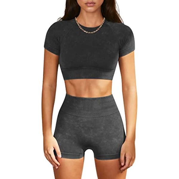 

seamless acid wash yoga outfits shorts and crop matching gym athletic clothing set-womens workout sets 2 piece