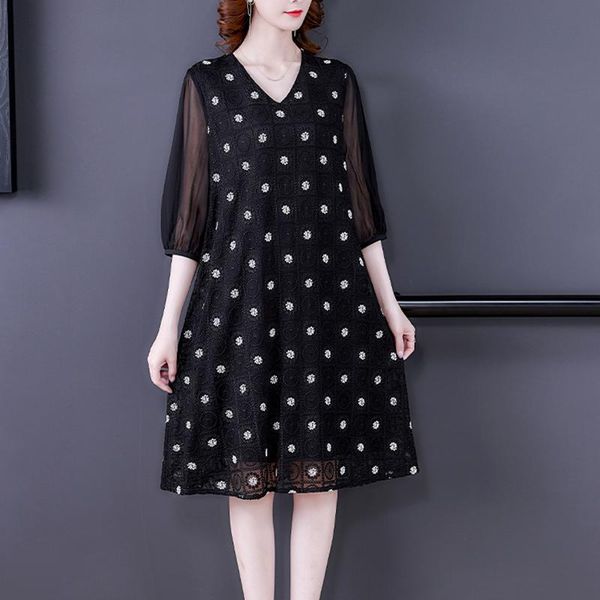 

dresses black mesh embroidery casual loose midi dress 2022 vinatge floral dress summer women elegant bodycon party evening vestidos, Black;gray