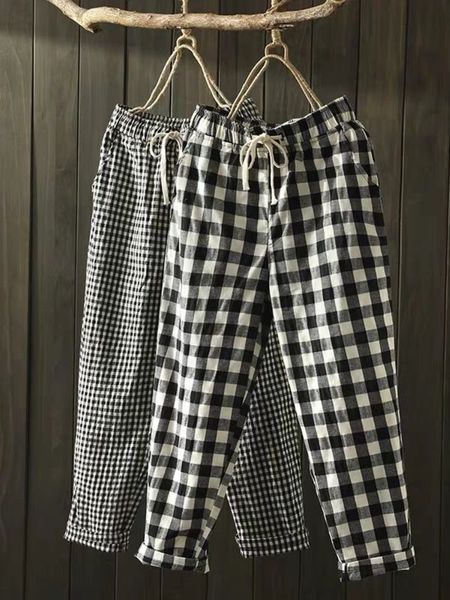 

women's pants capris spring summer plaid pants women's harem pants capris drawstring waist large size casual loose cotton linen tr, Black;white