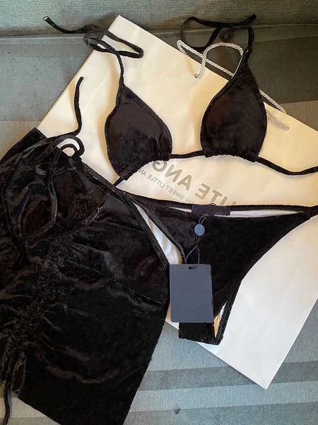 

designer bikini swimsuit ready stock velvet 3 piece bikini set brazilian skirt swimming suit designer swimsuit women biquini 2023 push up ba, Black