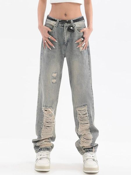 

jeans high waist straight ripped women jeans loose wide leg pants hip hop jeans y2k summer oversized retro high street denim trousers, Blue