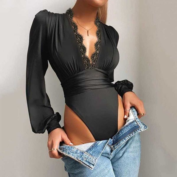

women's jumpsuits rompers 2021 new winter women lace puff sleeve red bodysuit blouse solid vneck black see through body patchwork one p, Black;white