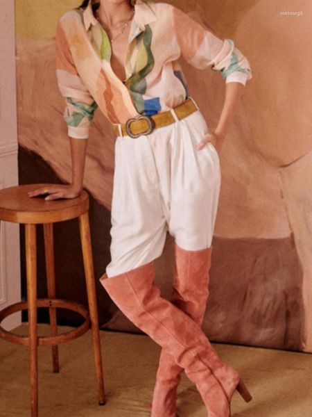 

women's blouses 2023 spring lapel long sleeve color printing single-breasted cotton women casual straight shirt, White