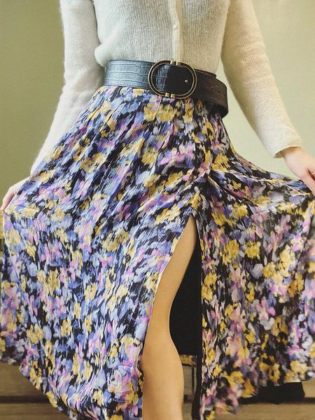 

dresses purple printing skirt elegant women clothing high waist side split long skirts summer chic vacation retro longue romantique 2022, Black;gray