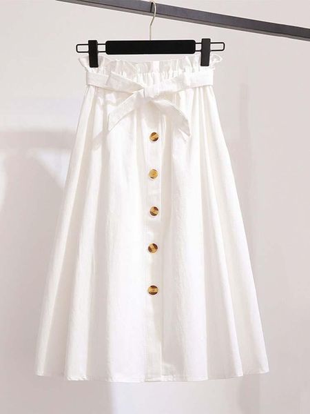 

capris women elegant high waist midi skirt spring and summer casual singlebreasted solid black white bowknot belt office aline skirt