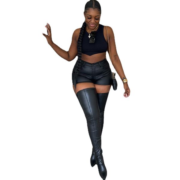

2023 designer pu leather matte shorts ladies summer y2k hollow out lace-up bodycon short pants women sweatpants wholesale bulk clothes 9727, White;black